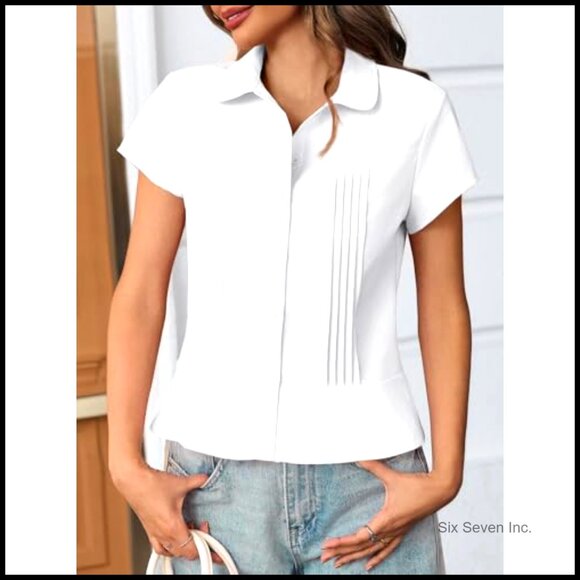 Short Sleeve Button Down Shirt Pleated Slim Fit Blouse 100% Polyester - Picture 2 of 7